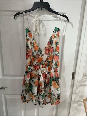 Floral V-Neck Tie Romper in White with Orange & Green Blooms